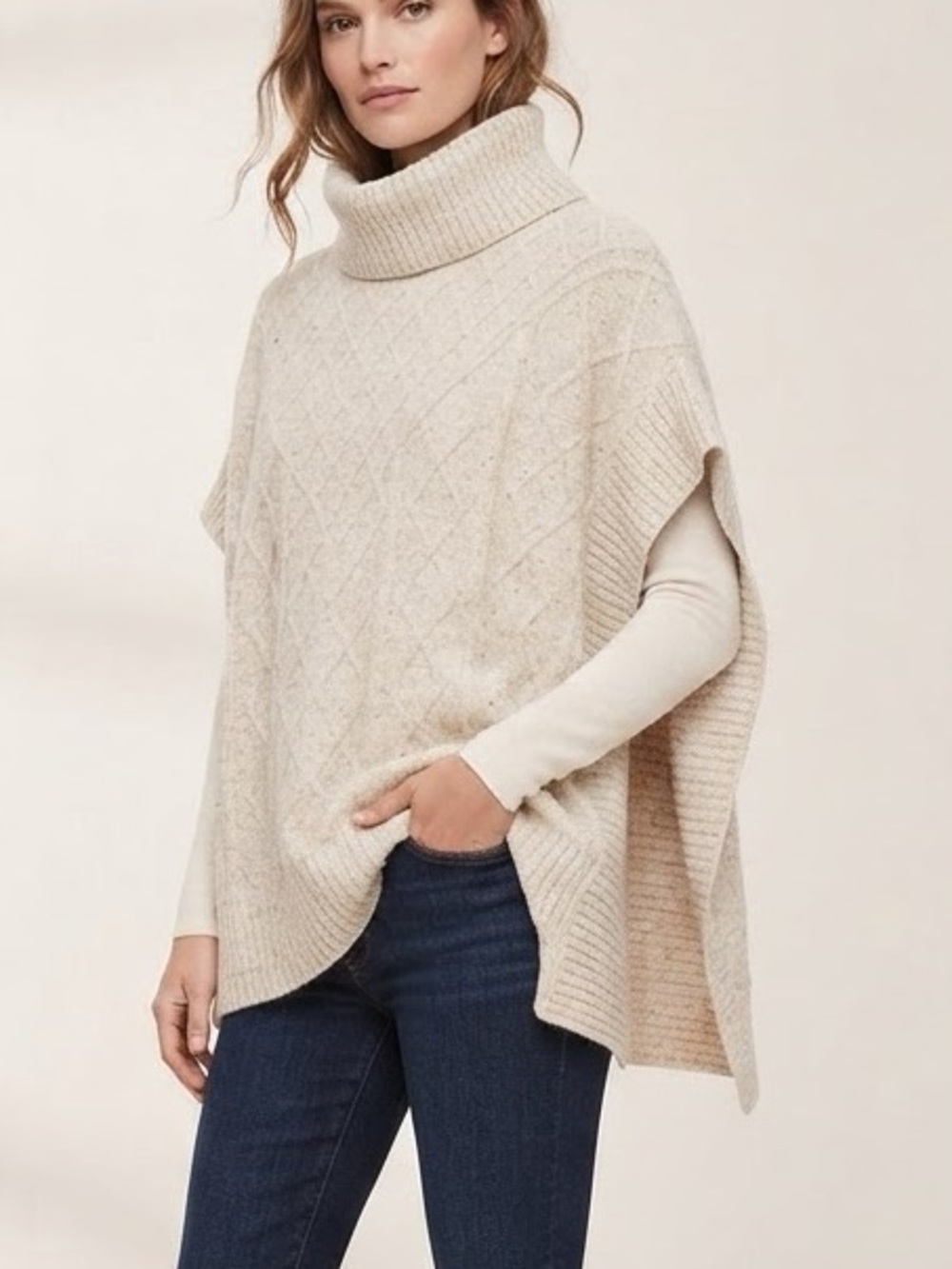 LOFT NWT Cream Cable Knit Turtleneck Poncho Sweater. Women’s XS/S